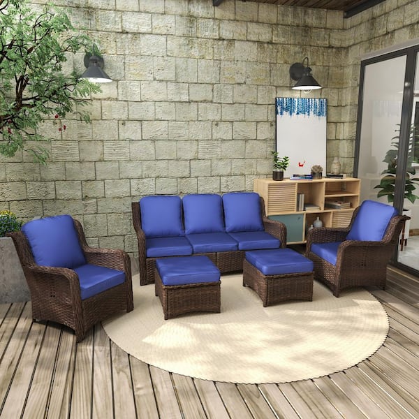 Unbranded 5 Piece Wicker Patio Furniture Outdoor Combination Living Set with Navy Cushions, 2-Single Chairs and 2-Ottomans