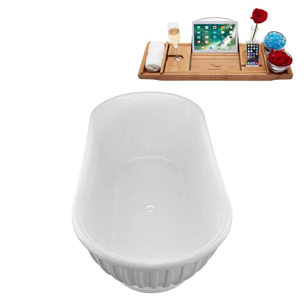 67" Glossy White Acrylic Freestanding Soaking Bathtub with Bamboo Tray