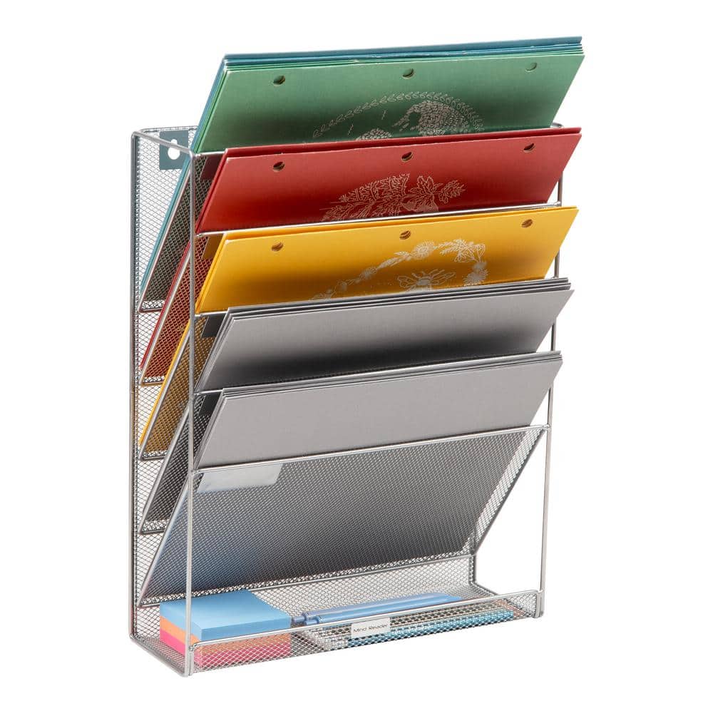 16 in. H x 4 in. W x 12.75 in. D Vertical File Storage Desktop Organizer Angled Wall Mount Metal Silver price history on PriceWatchPro