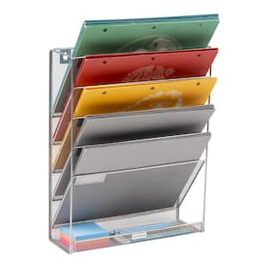 16 in. H x 4 in. W x 12.75 in. D Vertical File Storage Desktop Organizer Angled Wall Mount Metal Silver