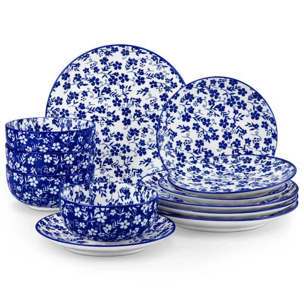 12-Piece Blue Porcelain Dinnerware Set Service for 4 Gypsophila Pattern Bowls and Plates Set for Kitchen Dinning