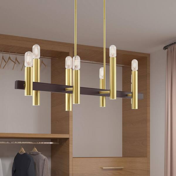Livex Lighting 46868-12 8 Light Satin Brass & Bronze Linear Chandelier Livex Lighting 46868-12 8 Light Satin Brass & Bronze Linear Chandelier