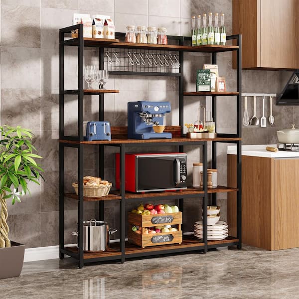 Keenyah 4-Shelf Metal 55 in. W Black and Brown Baker's Rack Kitchen Storage Shelves
