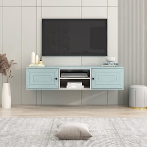 Blue Wall Mounted Floating TV Stand Fits TVs up to 65 in. with Adjustable shelves and Magnetic Cabinet Door