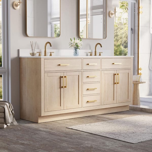 72 in. Double Sink Freestanding Solid Wood Bath Vanity in OAK with White Quartz Top, Soft-Close, Full Assembled