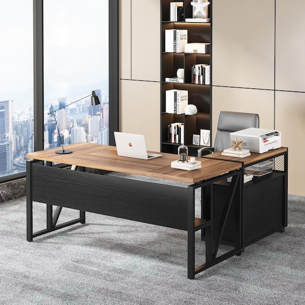 BYBLIGHT Lanita 62.9 in. L Shaped Desk Brown and Black Engineered
