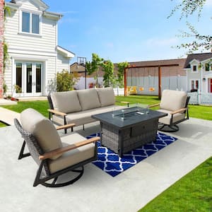 Manbo 4-Piece Wicker Patio Fire Pit Seating Set with Acrylic Cast Ash Indigo Cushions and Rectangular Fire Pit Table