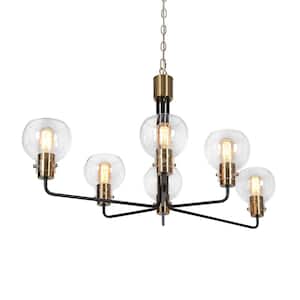 6-Light Brass Gold Chandelier Clear Globe Glass Hanging Pendant Lighting Modern Black Ceiling Light Fixture