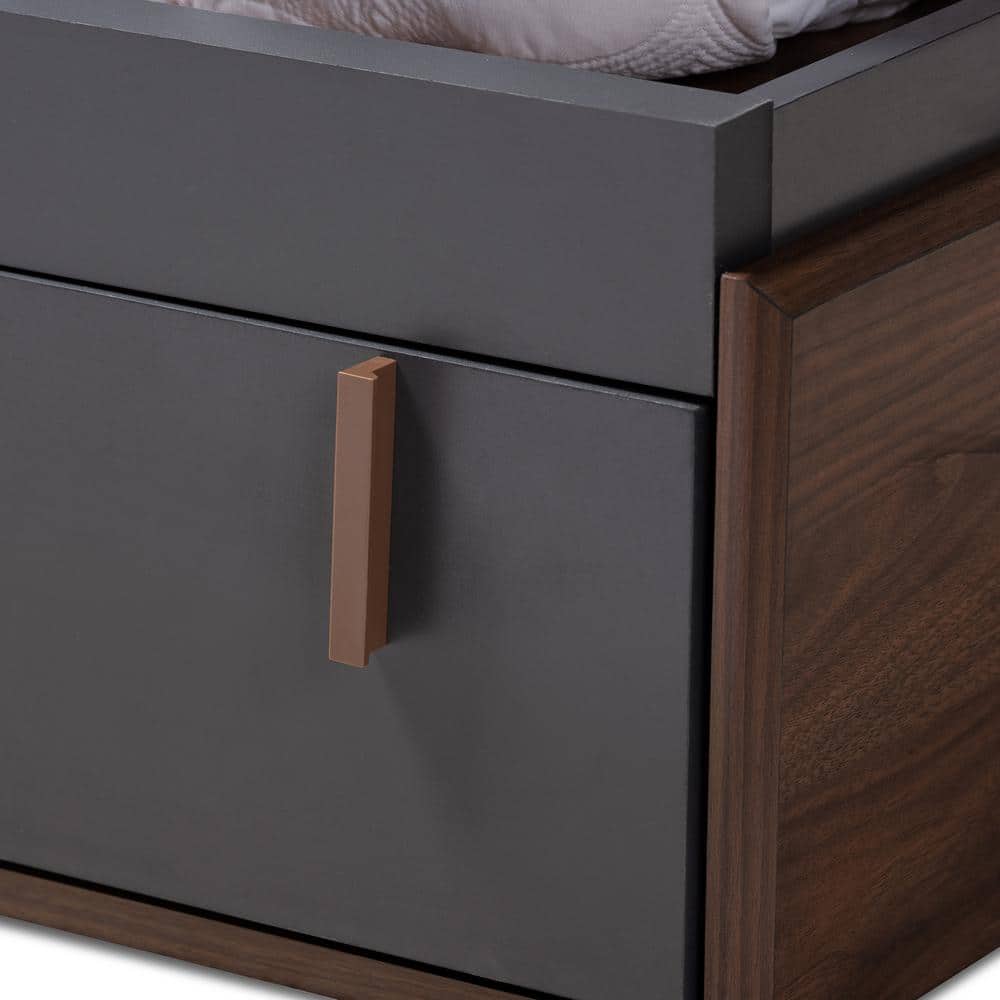 Queen Walnut and Gray Upholstered Wood Storage Bed with Drawers