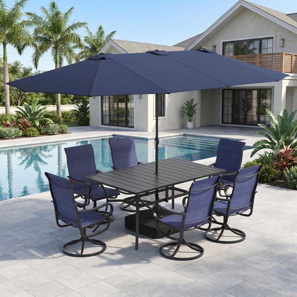 8-Piece Metal Outdoor Dining Set with 59.2 in. Rectangle Table, 6 Textilene Swivel Chairs in Blue and Blue Umbrella price history on PriceWatchPro