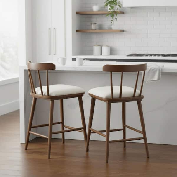 Windsor Style 38 in. H Walnut Finish Solid Wood Counter Bar Stools with Beige Fabric Seat (Set of 2)