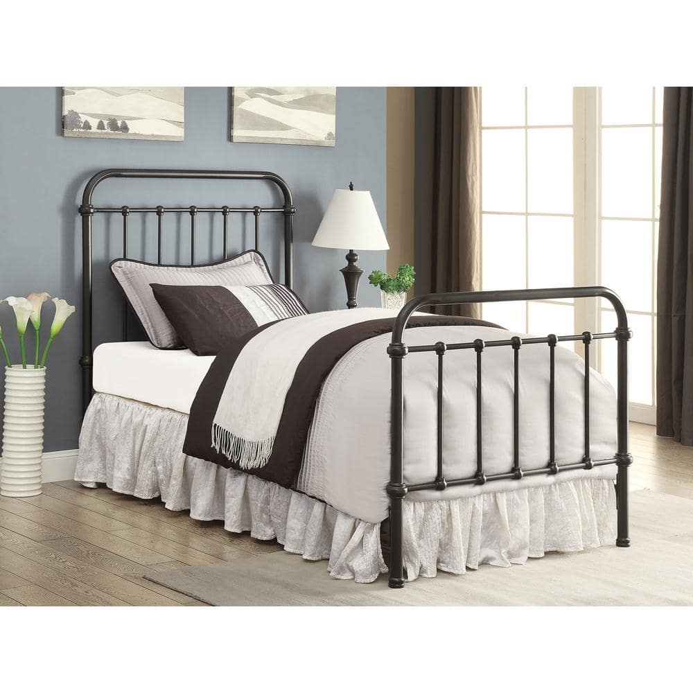 Twin Black Metal Bed with Upholstered Headboard