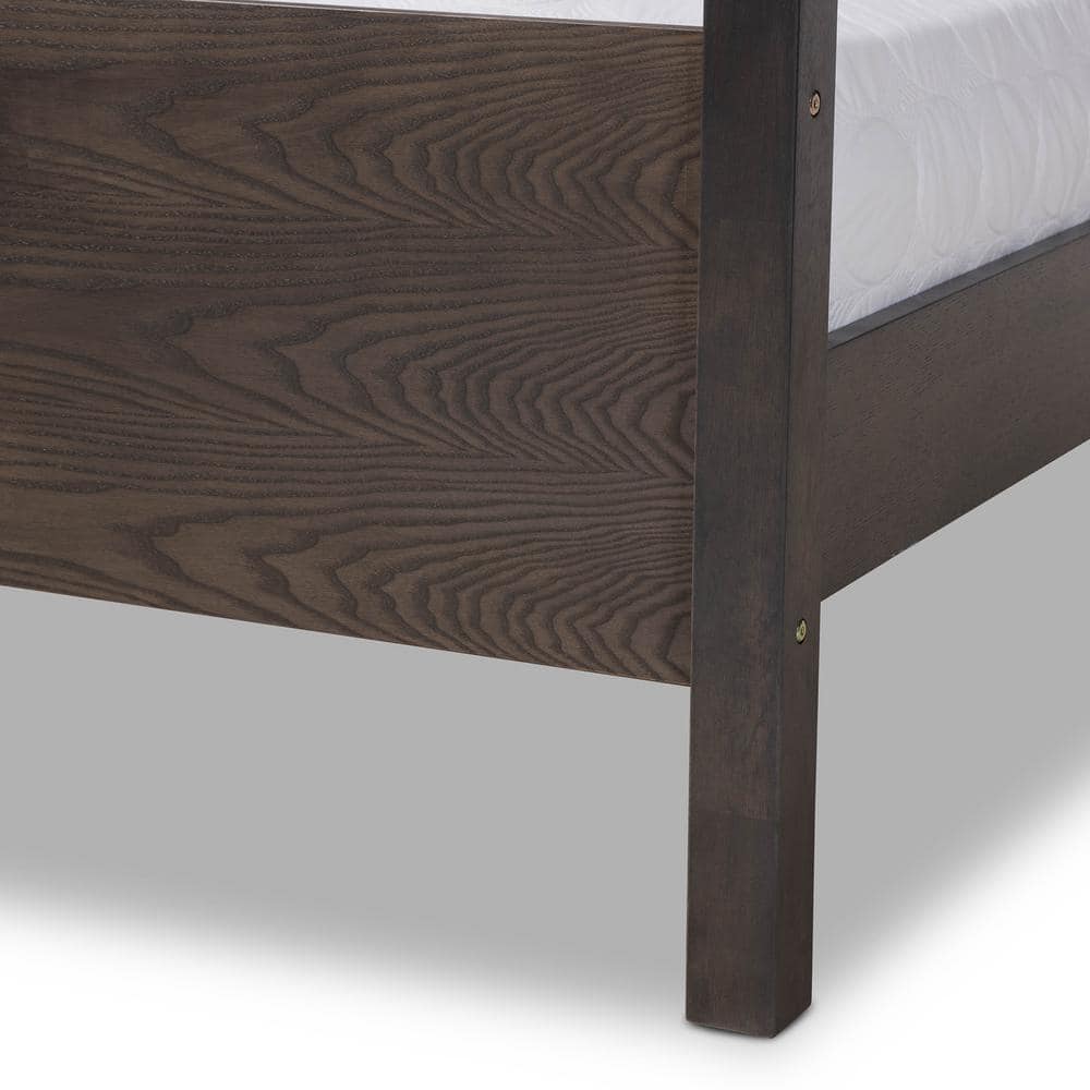 Natasha King Size Dark Grey Oak and Grey Fabric Tufted Platform Canopy Bed