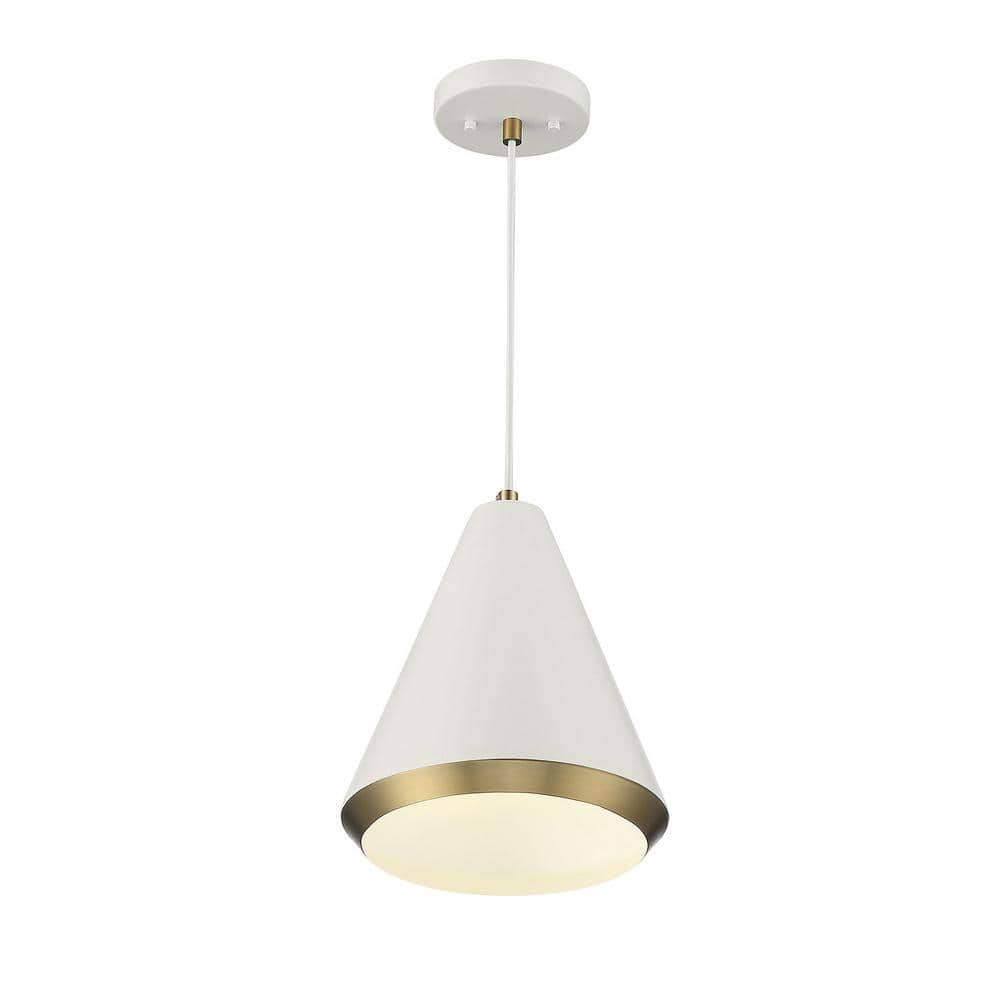 White and Brass Cone Pendant Light with Metal Shade