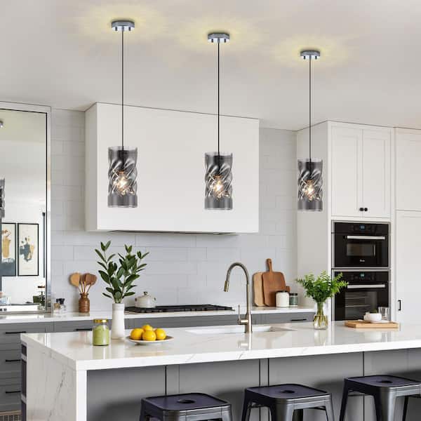 Rayhome 1-Light Modern Glam Cylinder Smoked Grey Pendant Light with Hand-Blown Spiral Hammered Glass for Kitchen Island