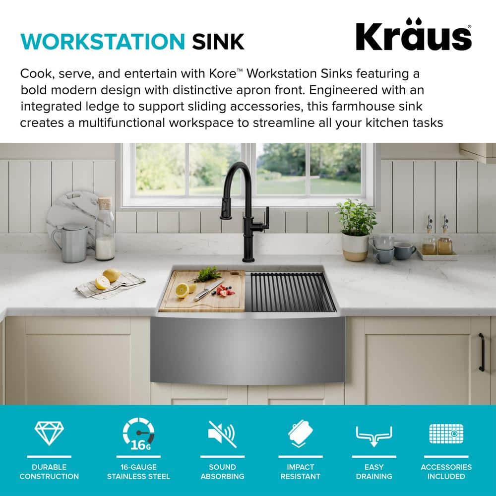 Kore 27-Inch Stainless Steel Farmhouse Workstation Sink