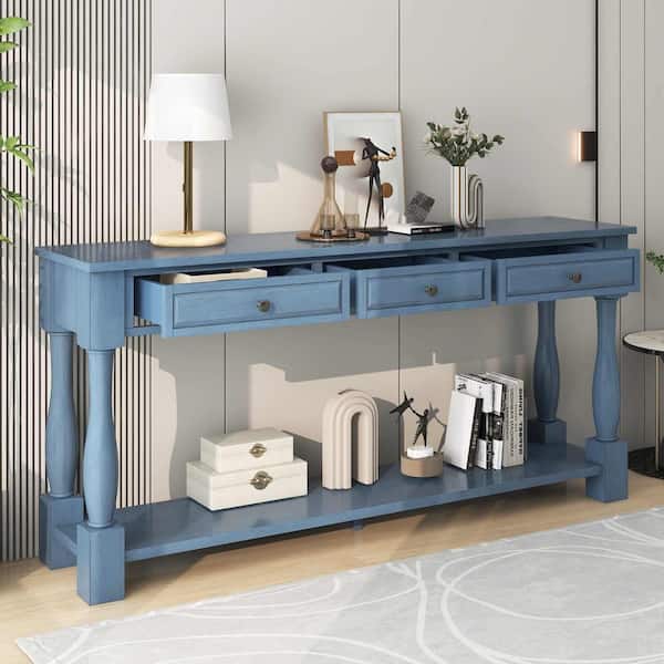Polibi 63 in. Navy Rectangle Wood Console Table with Drawers and