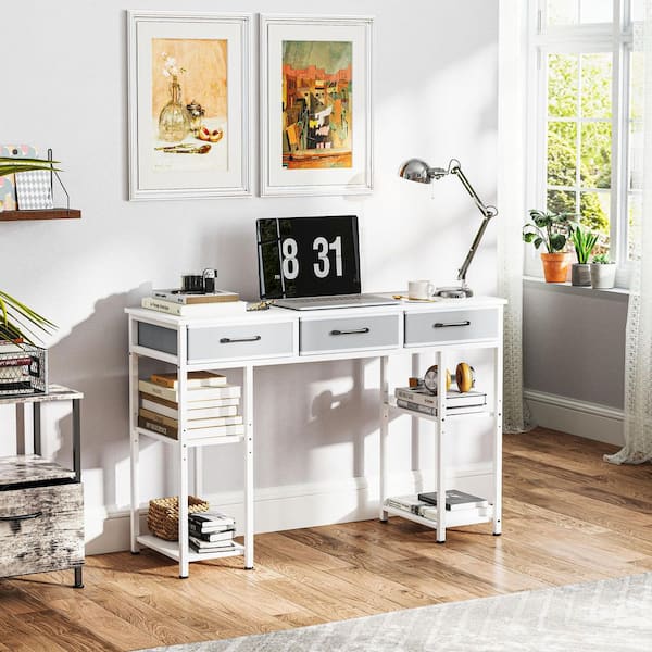 HOMCOM 47 in. White Writing Desk with 3 Fabric Drawers and 4 Shelves for Home Office