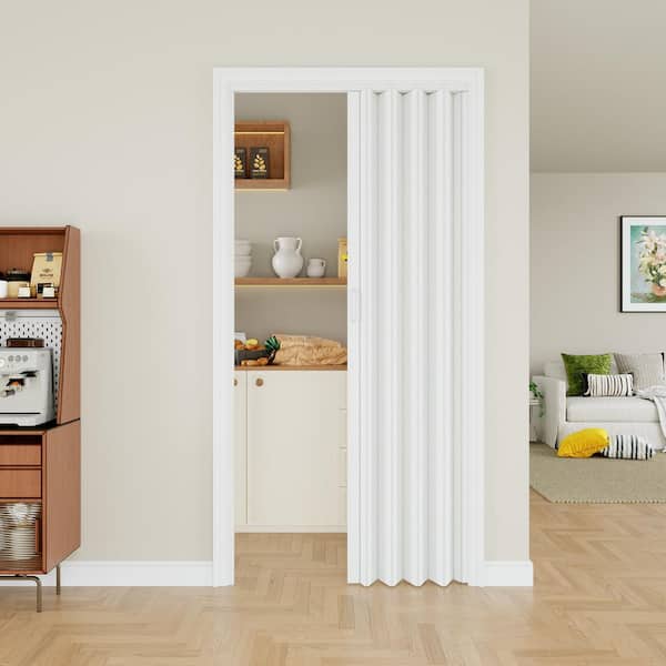 36 in. x 80 in. White Vinyl PVC Double Layer Accordion Door, Interior Folding Doors with Installation Hardware