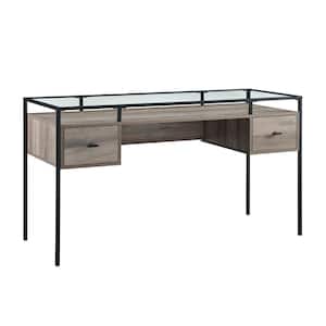 56 in. Grey Wash Rectangular 2 -Drawer Writing Desk with Glass Top