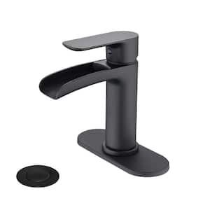 Waterfall Single Handle Single Hole Bathroom Faucet with Drain Assembly in Matte Black