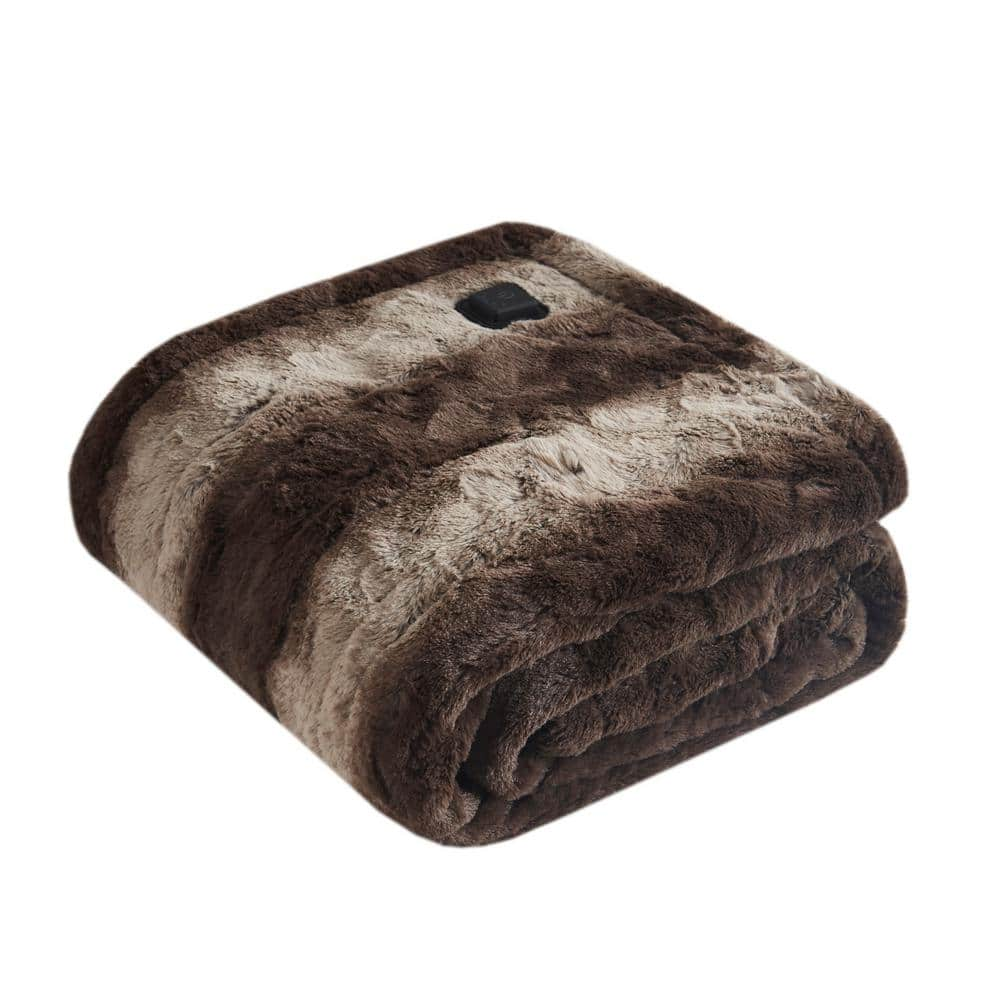 Beautyrest Marselle Brown 50 in. x 64 in. Faux Fur Heated Wrap with ...