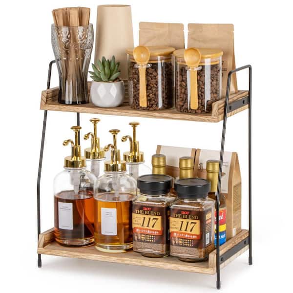 2-Tier Wooden Spice Racks for Coffee Bar Accessories and Condiment Storage in Kitchen, Home, Office, Brown (1-Pack)