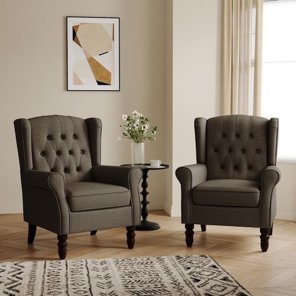 Taupe Linen Button Tufted Design Accent Arm Chair (Set of 2)