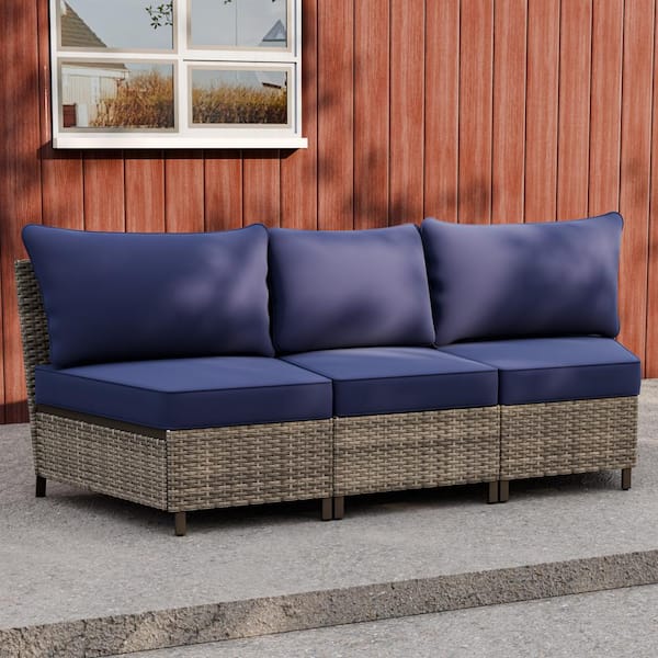 EAGLE PEAK 3-Piece Wicker Patio Curved Outdoor Conversation Set, Armless Middle Sectional Sofa with Blue Cushions