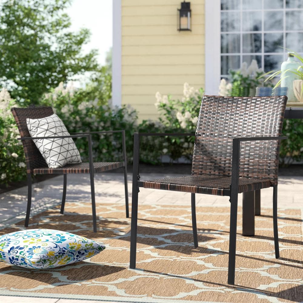 Brown Wicker and Metal Outdoor Dining Armchair Set