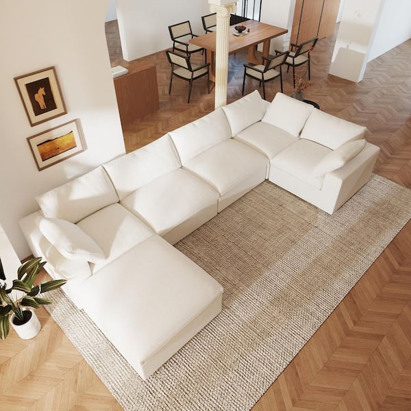 Oversized Convertible 118 in. Square Arm Linen 6-Piece Wood Cloud Modular Sectional Sofa in White with Storage Ottoman
