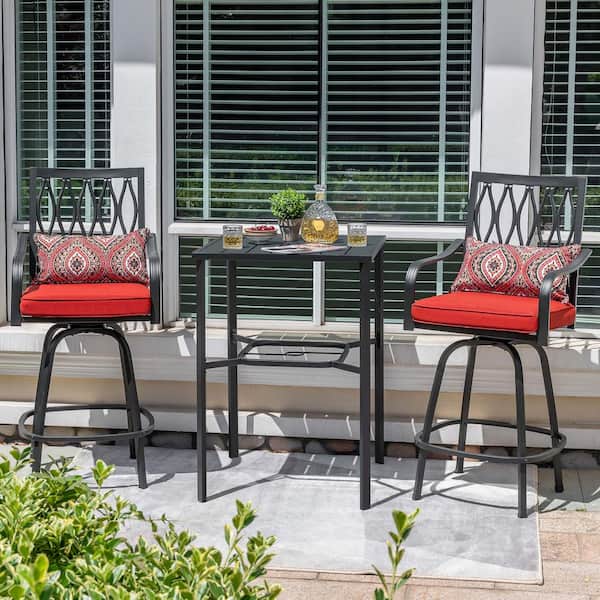 Black 3-Piece Metal Square Outdoor Bistro Set with Red Cushions and Umbrella Hole, Square-to-Round Footrest Design