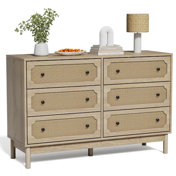 modern rattan dresser 6 Drawer - Tall Chest, Deep Storage, Long Wooden Cabinet for Entryway, Hallway, Kids Room a rich dark walnut finish Aupodin Bohemian Rattan Dresser with