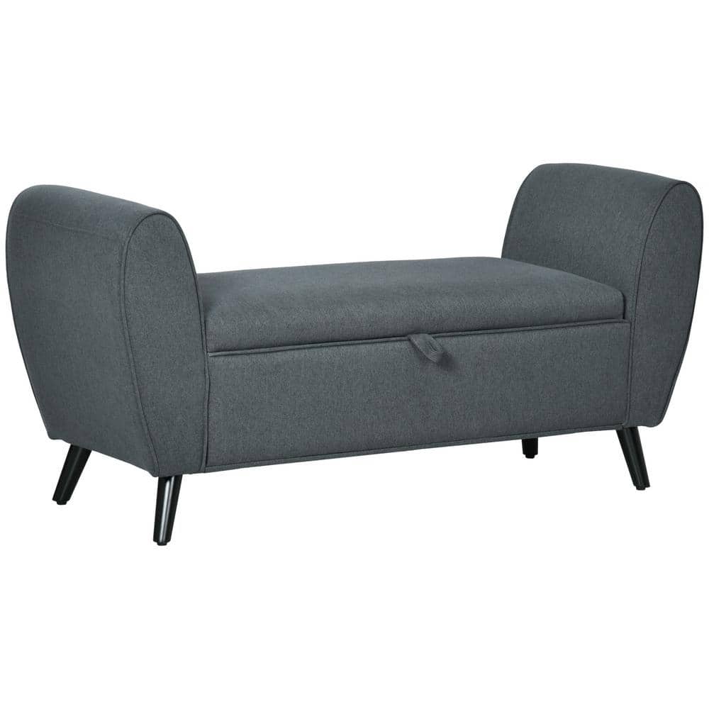 HOMCOM Dark Gray Modern Upholstered Storage Bench with Arms, Linen-Feel Fabric Ottoman Bench, Dark Grey