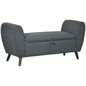 Dark Gray Modern Upholstered Storage Bench with Arms, Linen-Feel Fabric Ottoman Bench