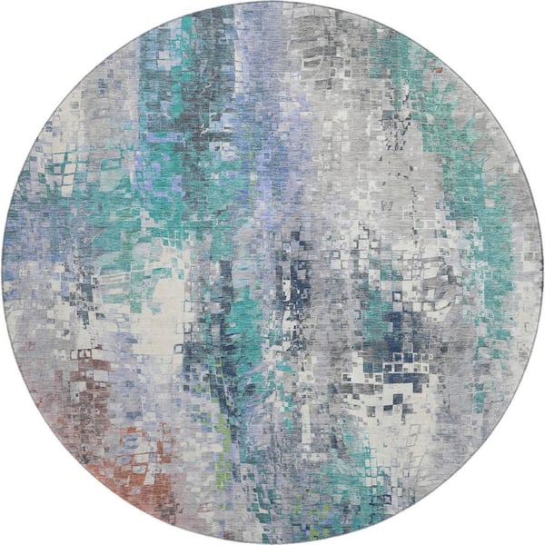 Mayfield Premium Machine Washable Abstract AMF2254 Teal 8 ft. x 8 ft. Round Rug
