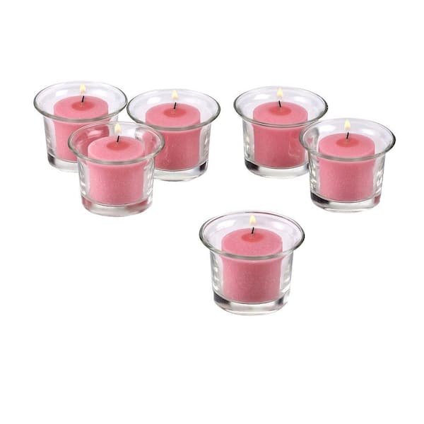 Light In The Dark Clear Glass Lip Votive Candle Holders with Soft Pink Votive Candles (Set of 12)