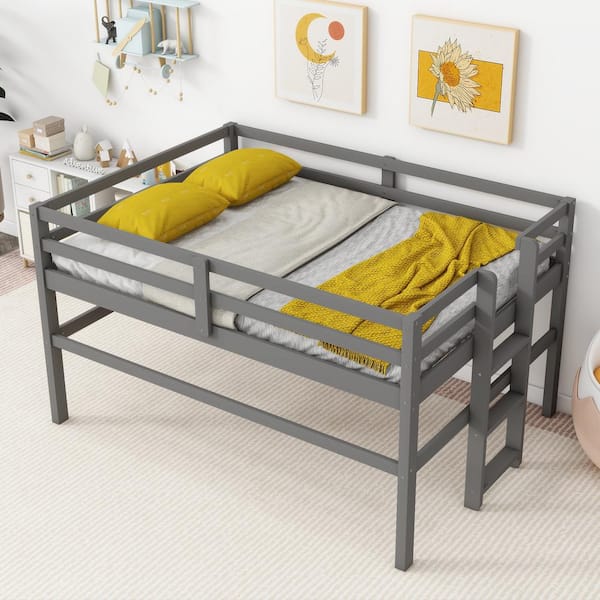 Harper & Bright Designs Antique Gray Twin Size Wood Low Loft Bed with ...