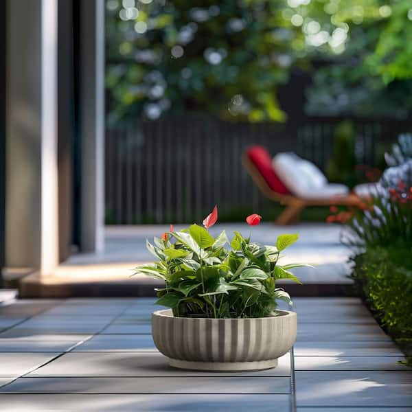 15 in. Medium Light Gray Concrete Round Planter / Pot with Drainage Holes