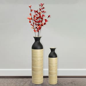Cylinder Shaped Tall Spun Bamboo Floor Vase Glossy Black Lacquer and Natural Bamboo (Set of 2)