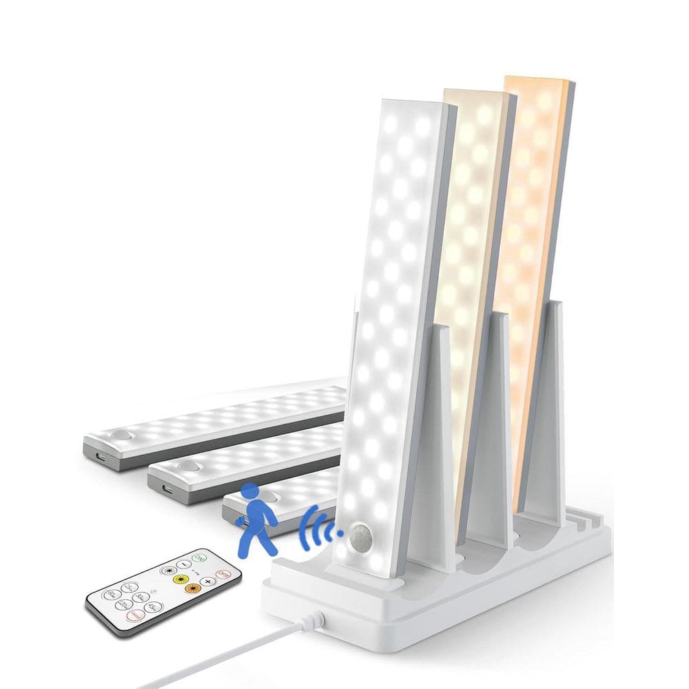 White LED Under Cabinet Lighting Lamp w/ Charging Station, 6-Pack, 3 Color Temps, Dimmable, Magnetic, Remote Control