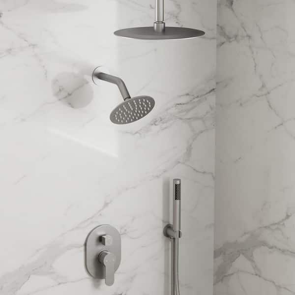 ClassicRain 10in. and 6in. 3-Spray Dual Ceiling Mount Fixed and Handheld Shower Head 2.5GPM in Brushed Nickel with Valve