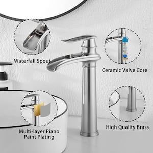 Waterfall Tall Spout Single Hole Single Handle Vessel Sink Faucet in Brushed Nickel