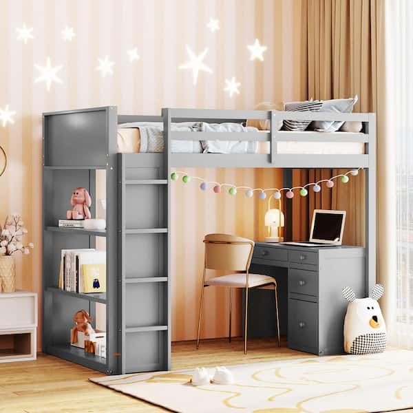 Polibi Twin Size Loft Bed with Ladder, Shelves, and Desk, Gray