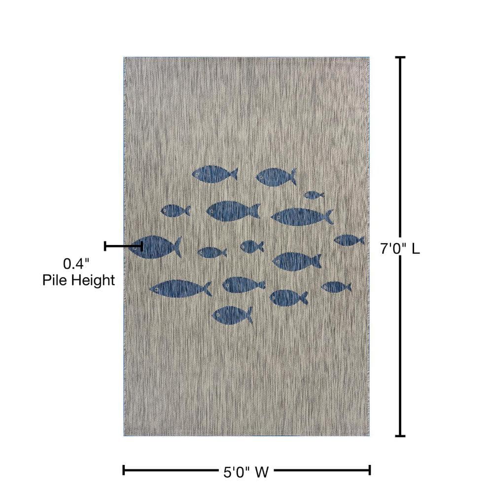 Gray and Blue Fish Pattern Stain-Resistant Synthetic 5' x 7' Area Rug