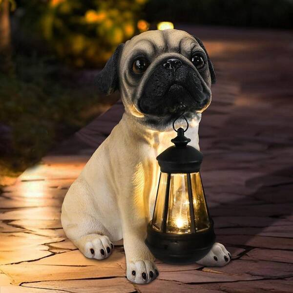 5 in. x 10 in. Beige Resin Dog Garden Statue with Solar Lantern
