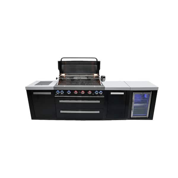Black Series 6-Burner Modular Outdoor Kitchen Propane Natural Gas BBQ Grill Island with Refrigerator in Stainless Steel