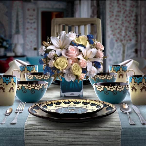 Clay Hart 16-Piece Contemporary Tan and Blue Stoneware Dinnerware Set (Service for 4)