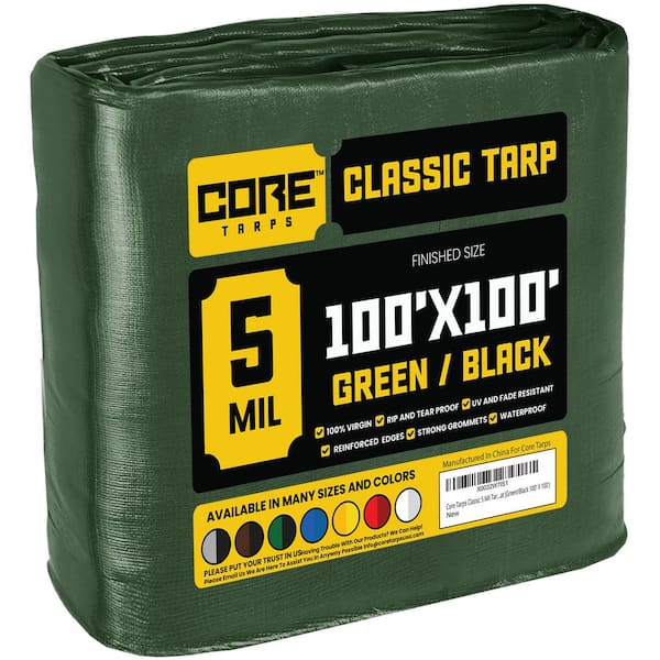 CORE TARPS 100 ft. x 100 ft. Green/Black 5 Mil Heavy Duty Polyethylene Tarp, Waterproof, UV Resistant, Rip and Tear Proof
