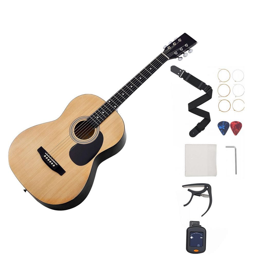 Dreadnought Acoustic Guitar 39 in. 6-String Natural Solid Spruce Top Guitar Portable Bundle with Gig Bag Tuner Strap
